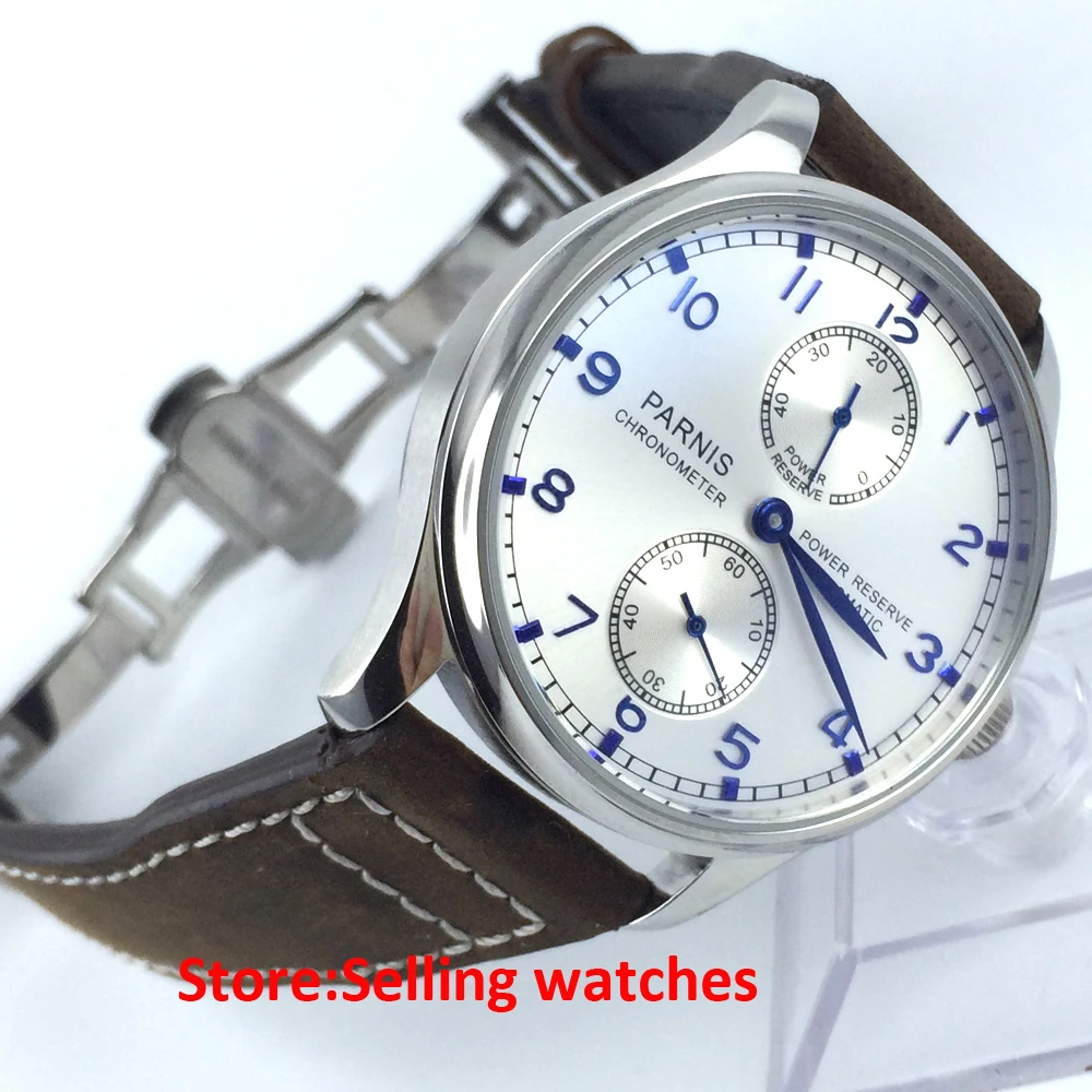 

43mm parnis silver dial power reserve automatic movement mens watch