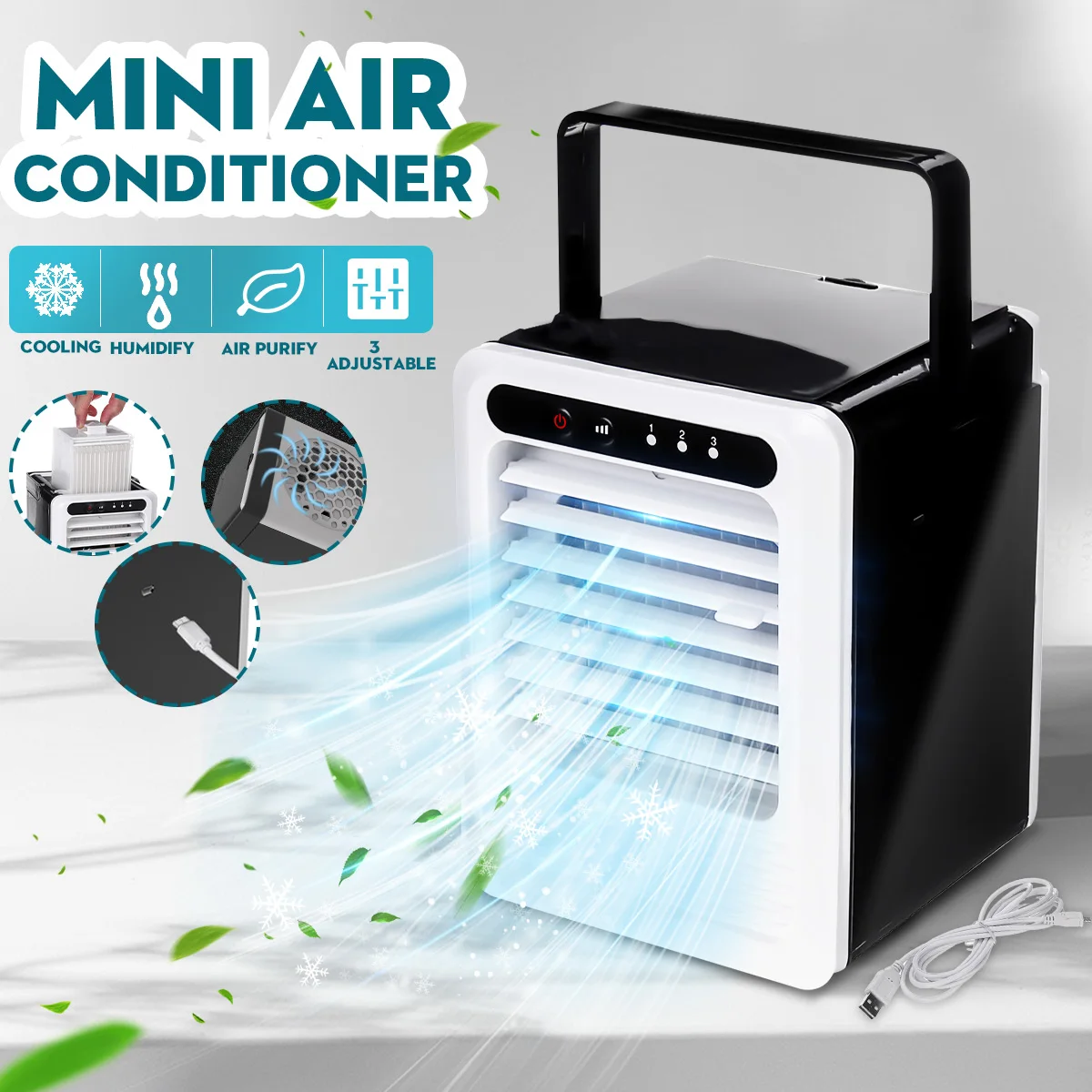 

USB Mini Portable Air Conditioner Desktop Air Cooling Fans Cooler Fan for Office Home 3 Speed Humidifier Purifier