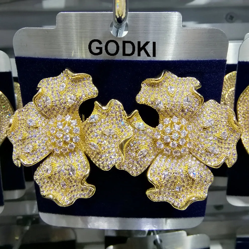 

GODKI Trendy Luxury BIG 3 Tone Blossom Flower Stud Earrings For Women Wedding Cubic Zircon CZ Indian Bridal Earrings Bohemia Hot