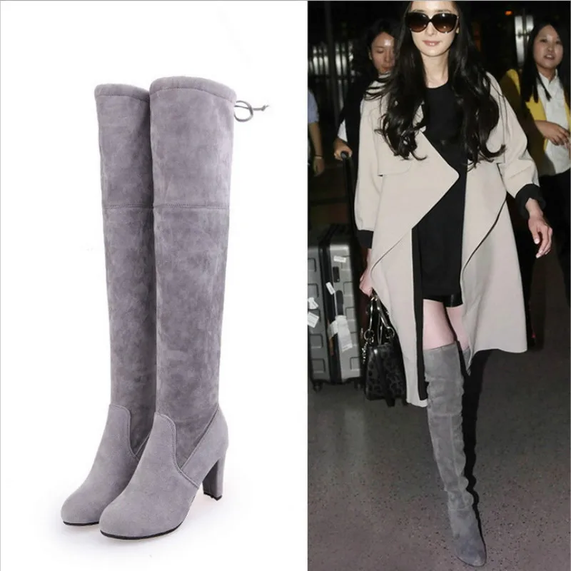 

2018 Fashion Female Winter Thigh High Boots Faux Suede Leather High Heels Women Over The Knee Boots Plus Size 34-43