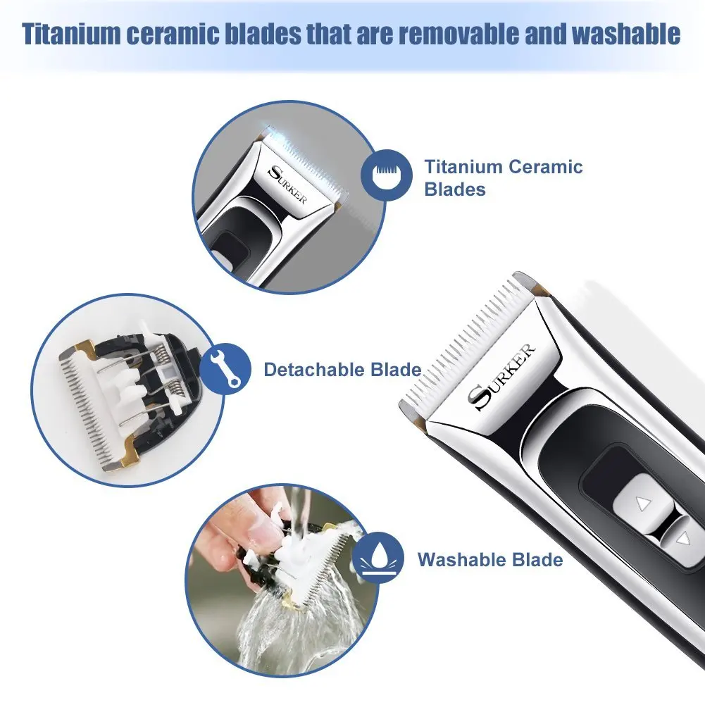 SURKER Rechargeable Hair Clipper Trimmer Beard Shaver Cordless Washable LED Display Ceramic Blade 