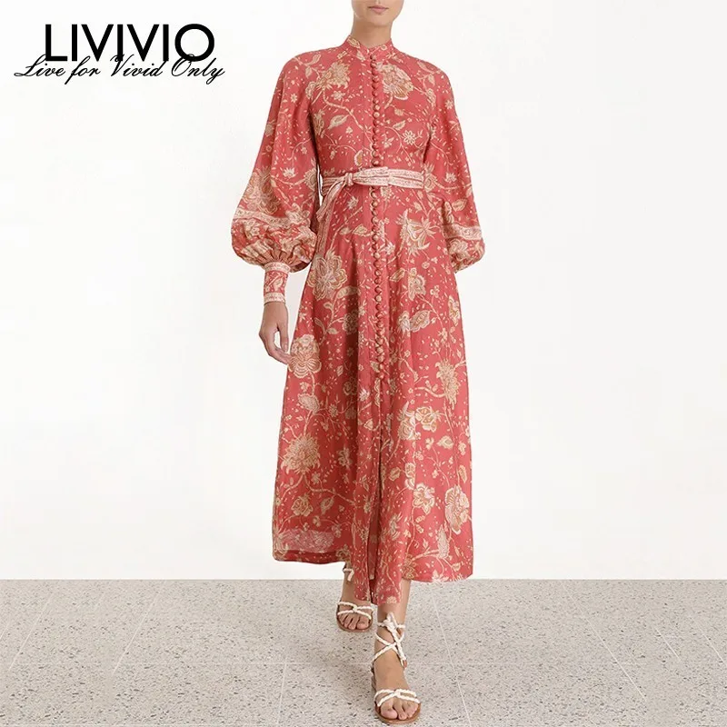 

[LIVIVIO] Bohemain Floral Print Women Summer Sash Lace Up Waisted Elegant Long Maxi Dress Lantern Sleeve Summer 2019 Holiday New