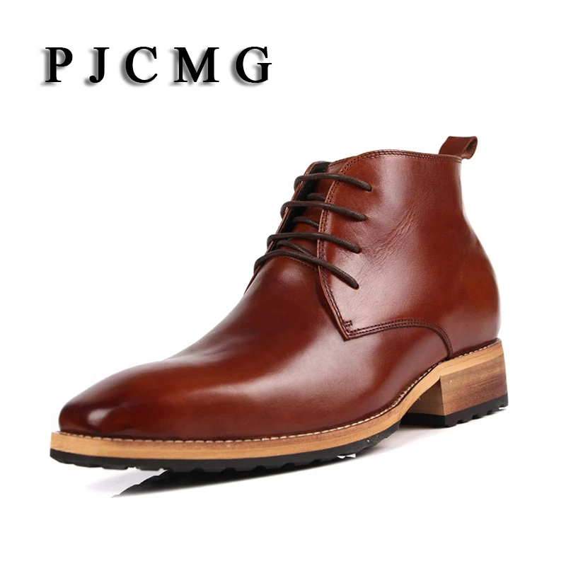Men's High Genuine Leather Elevator 8 CM Brogue Wedding Office Ankle Boots Lace-Up Male Footwear safety shoes men shoes