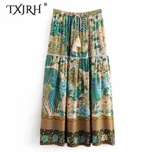 Txjrh соблазнительный винтажный богемный цветок Павлин птица выдалбливают шнуровкой эластичный пояс кисточкой Сторона Сплит качели плиссированные юбки