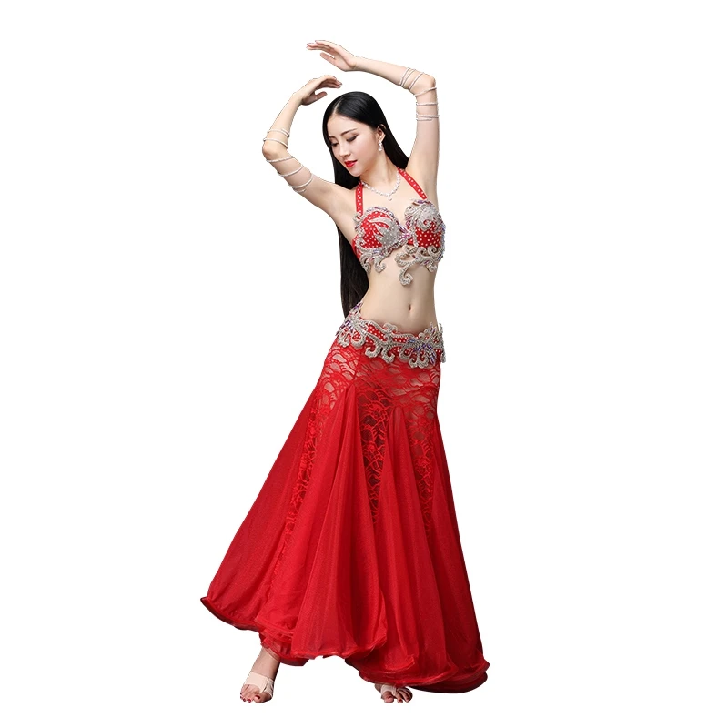 

Professional Belly Dance Costume Set Bellydance Performance Diamond 3PCS Suit Bra & Belt & Lace Long Skirt Belly Dance Costumes