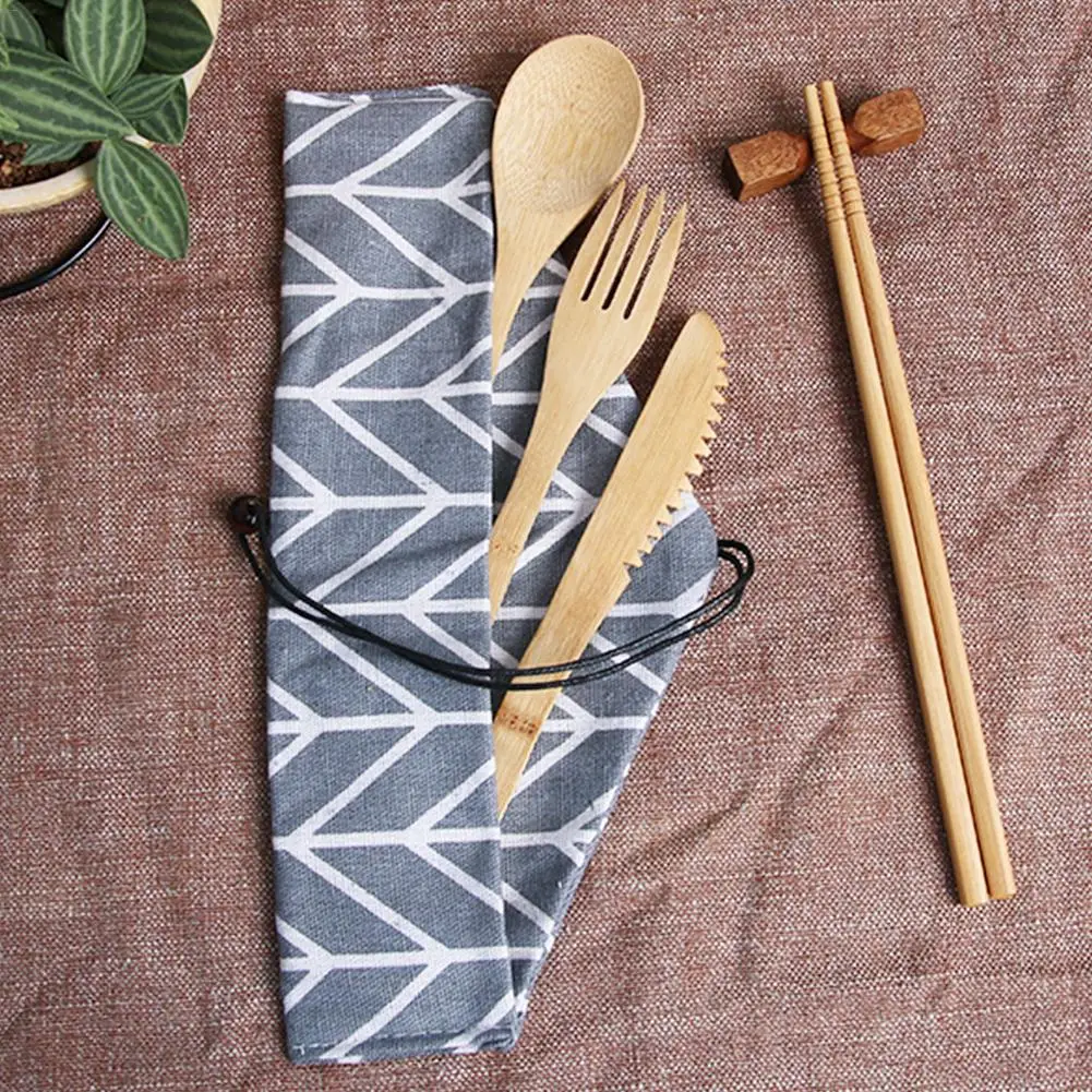 

5Pcs/Set Japanese Style Bamboo Wooden Cutlery Set Fork Cutter Cutting Reusable Kitchen Tool With Bag Useful Kitchen Cooking Tool