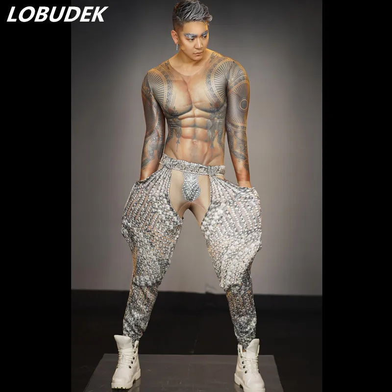 

2019 Muscle Men Pole Dancing Costume Tattoo Leotard Stretch Jumpsuit 3D Rune Print Jumpsuits Tights Bar Club Sexy DJ Stage Wear
