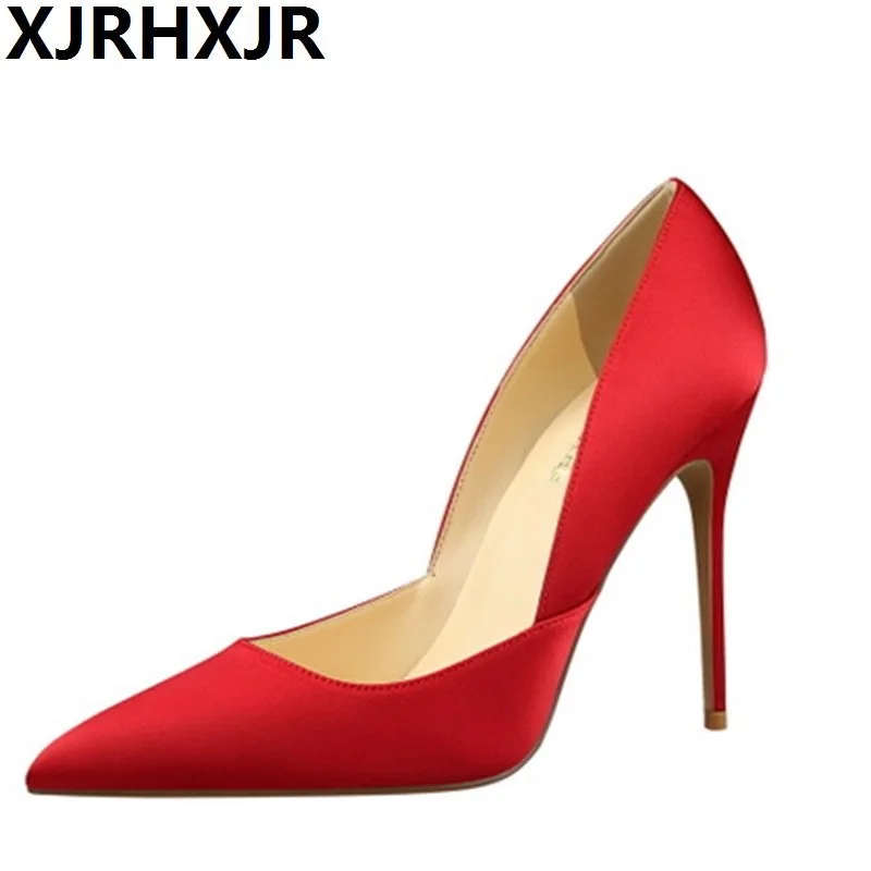 

XJRHXJR 2019 Wedding/party Women Pumps Spring Women Shoes High Heels Lady Silk Pointed Toe Thin Heels Western Pumps Size 34-39