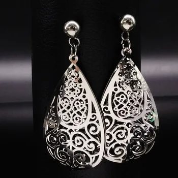 2020 Fashion Silver Color Long Stainless Steel Earrings for Women Hollow Flower Stud Earrings Jewelry pendientes largos E612219