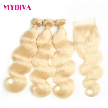 

613 Blonde Bundles With Closure Brazilian Body Wave Remy Human Hair Weave Bundles 613 Honey Blonde Bundles With Closure Mydiva
