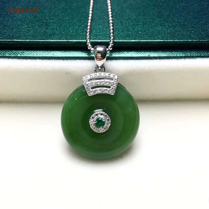 

Certified Natural Hetian Jasper Inlaid 925 Sterling Silver Lucky Peace Buckle Jade Pendant Hand Carved High Quality Best Gifts