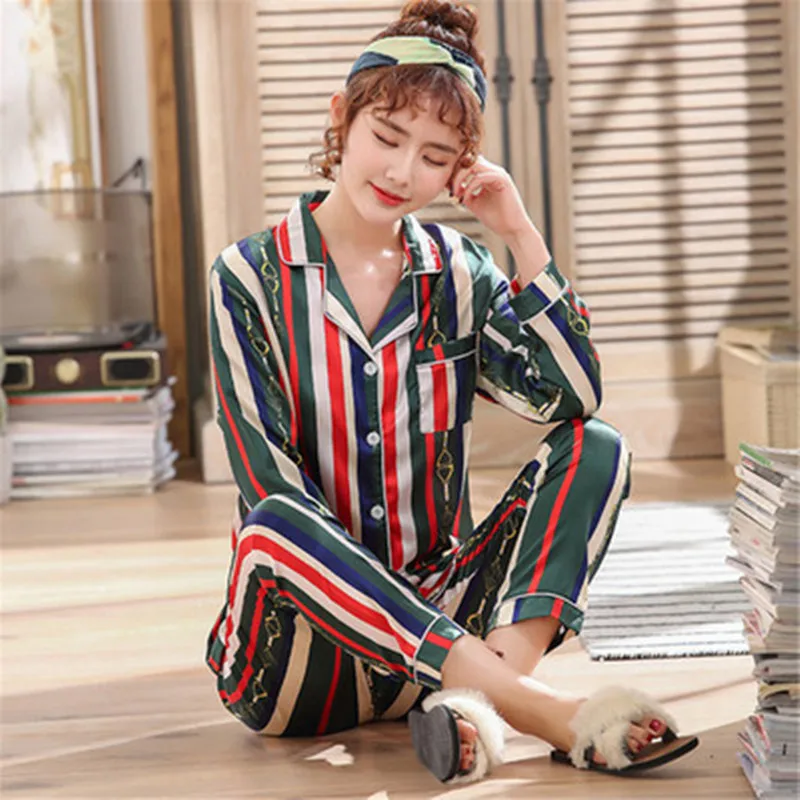 

2019 Brand Silk Pajamas Set Striped Printed Faux Silk Women Sleepwear Pajama Satin Long Sleeves Spring Summer SleepWear