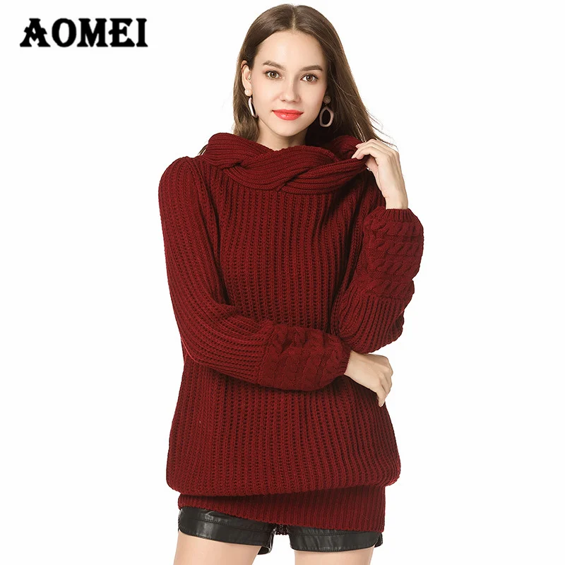 2019 New Autumn High Collar Long Sleeve Solid Color Wine Red Gray Loose Big Size Warm Knitting Sweater Women Fashion Tide Jumper | Женская