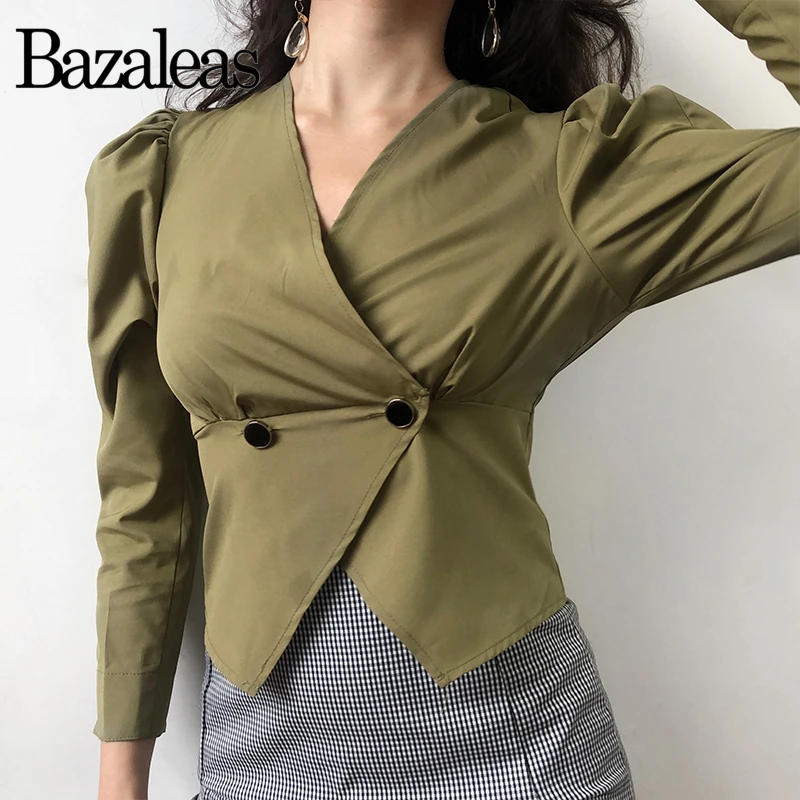 

Bazaleas Casual womens tops and blouses two Buttons Blusa Feminina Green Crop blusas mujer de moda VintageLong Sleeve shirt