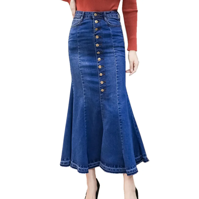 

High Waist Women Denim Skirts 2018 Autumn Winter European American Style Single-breasted Design Ruffle Jeans Mermaid Skirts Long