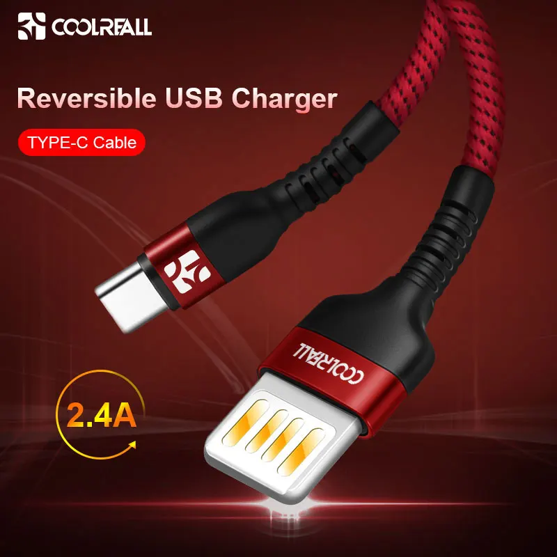 

Coolreall 2.4A Reversible USB Type C Cable for huawei honor Xiaomi Redmi mi9 Fast Charging Type C Cable for Samsung date cable