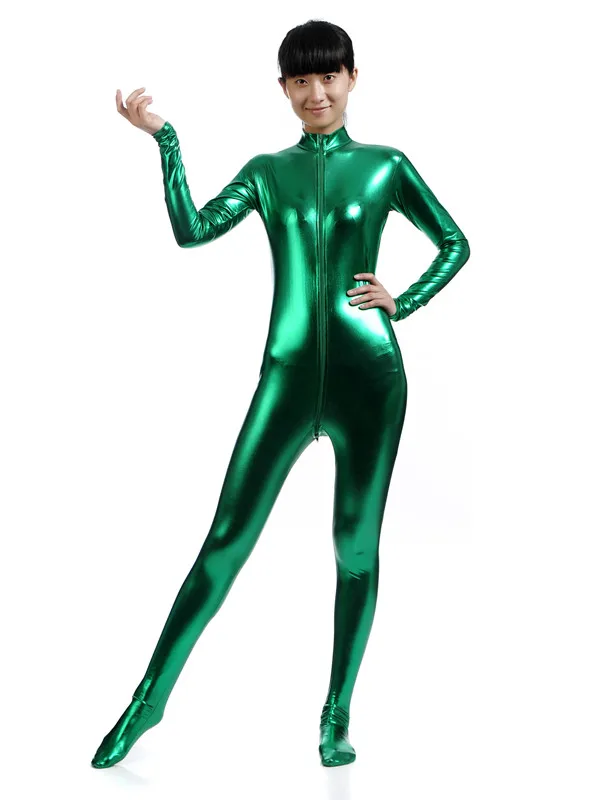 

Customize exotic Zentai Metallic Lycra Turtleneck Long Sleeve Unitard One Piece Wet Look Footed Mock Neck Shiny Dance Catsuit