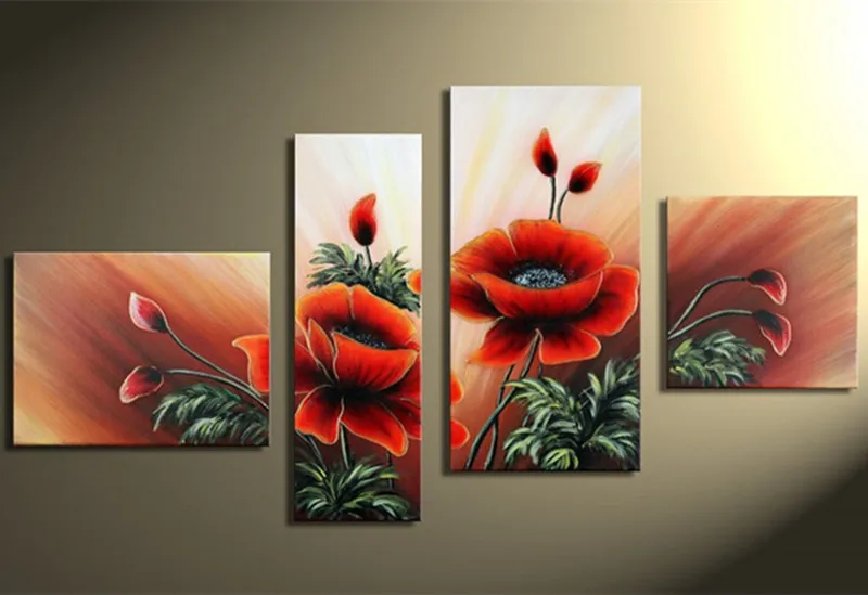 

Modern Handmade Red Big Floral Paintings 4 Panel Pictures Abstract Home Decor Wall Art Handpainted Flower Oil Painting on Canvas