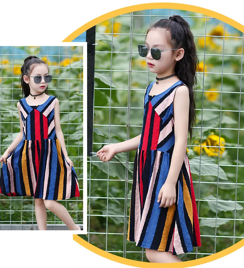 Summer 2019 Colorful Striped Kids Girls Summer Dress Baby Beach Sleeveless Cotton Dresses Children Fashion Party Dresses Clothes (8)