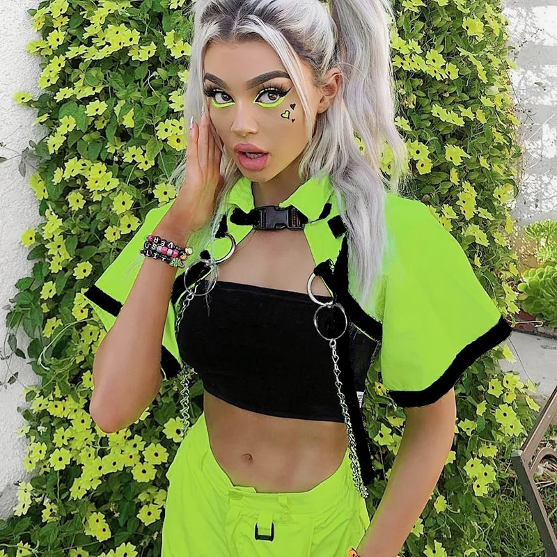 

Punk Gothic Neon Color Crop Jacket Wpmen Streetwear Single Button Patchwork Metal Chain Short Sleeve Summer Coat Female