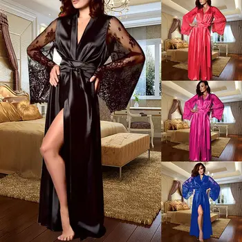

Women Long Bath robe Thinner Fabric Nightgown Lace Lingerie Nightdress Sleepwear Sexy Robe Femme Nightgown Bridesmaid Robes