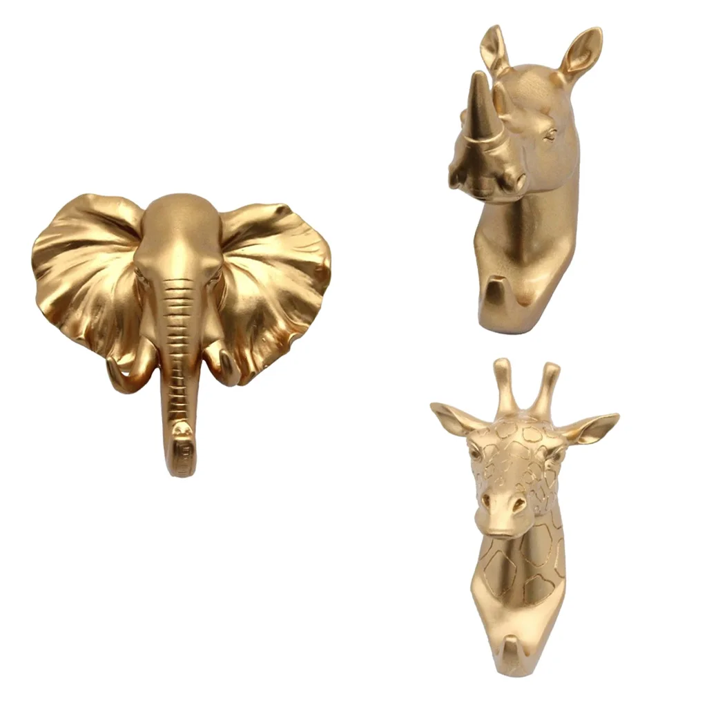 Pack 3 Resin Animal Head Hook Coat Hanger Rack Wall Mount Home Decor Gold