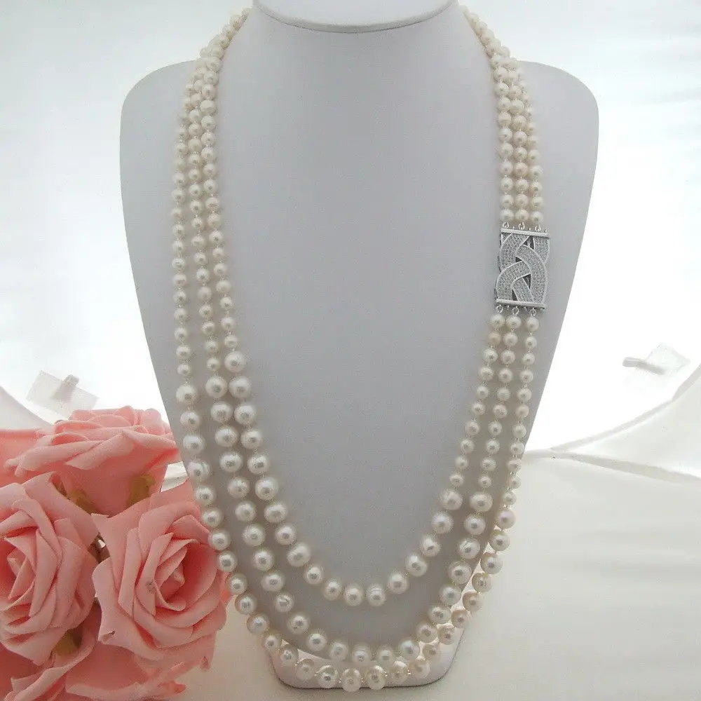 

AB041702 29"-34" 3 Strands White Pearl Necklace CZ Connector