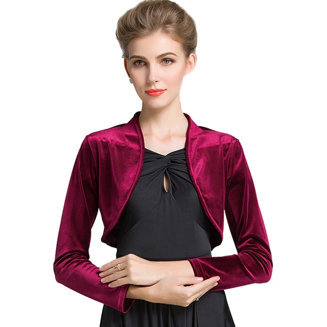 Burgundy Red Ladies Cropped Velvet Long Sleeve Shrug