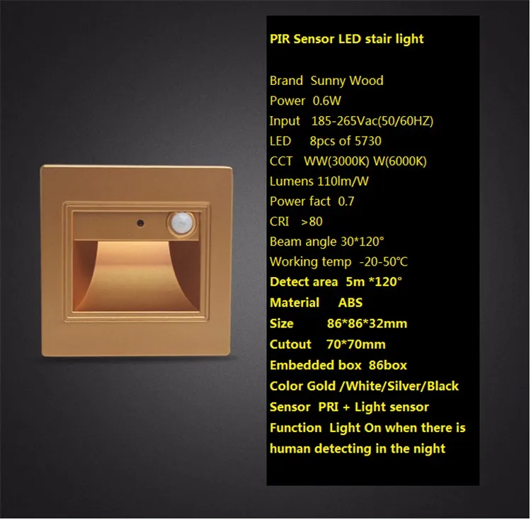 2 шт./лот 0,6 Вт PIR датчик светодио дный светодиодный лестничный свет, ИК и светодио дный световой реакции светодиодный footlight для коридора, лестницы, прохода