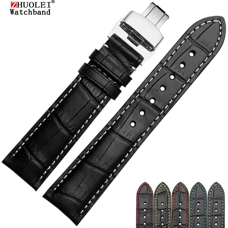 

18mm 20mm 22mm High Quality Black blue stitches with Genuine Leather Watchband Strap Silver Steel Butterfly Watch buckle for L2