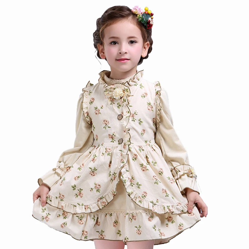 

BAIHE Spring tutu girls princess dress kid's Cotton Children Retro royal vest Lantern sleeve 2 pcs preppy clothing for baby