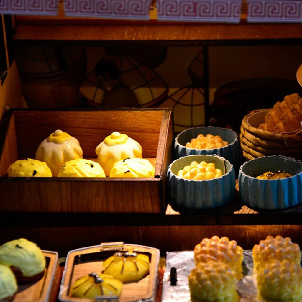 DIY Handcraft Miniature Project Wooden Dolls House Antique Bread Soybean Milk Shop with Furniture Foods Accessories Kit