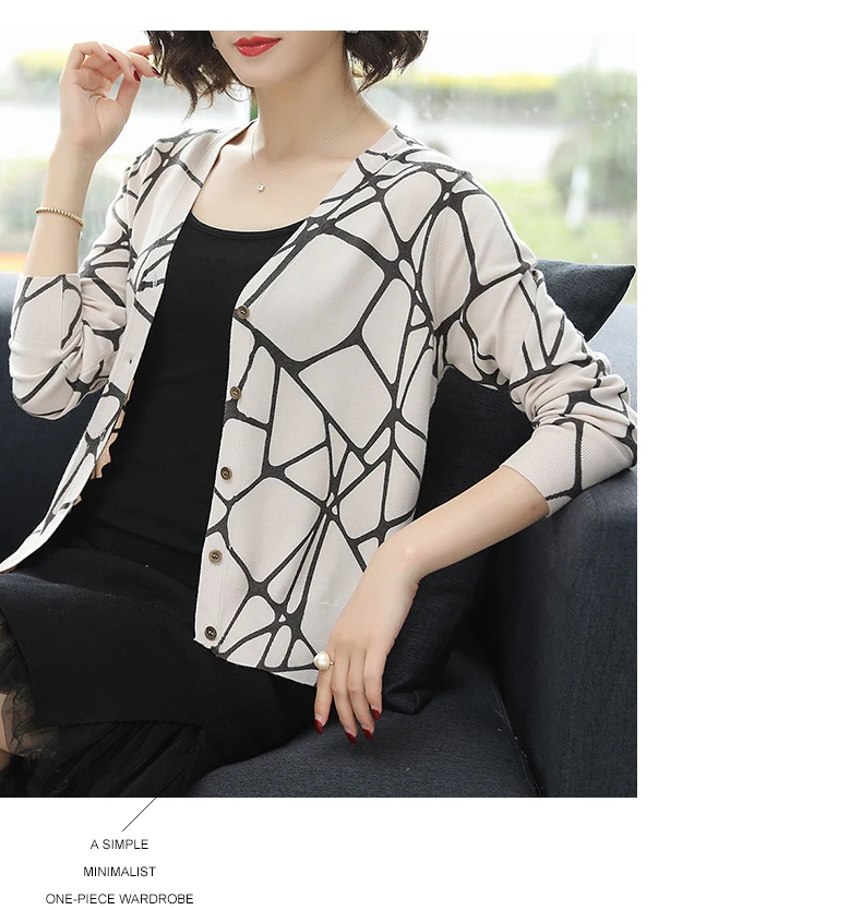 ASLTW Autumn Printed Sweater Women New Fashion Geometric V Neck Cardigan Female Plus Size Knitted Top Jumper Sweater