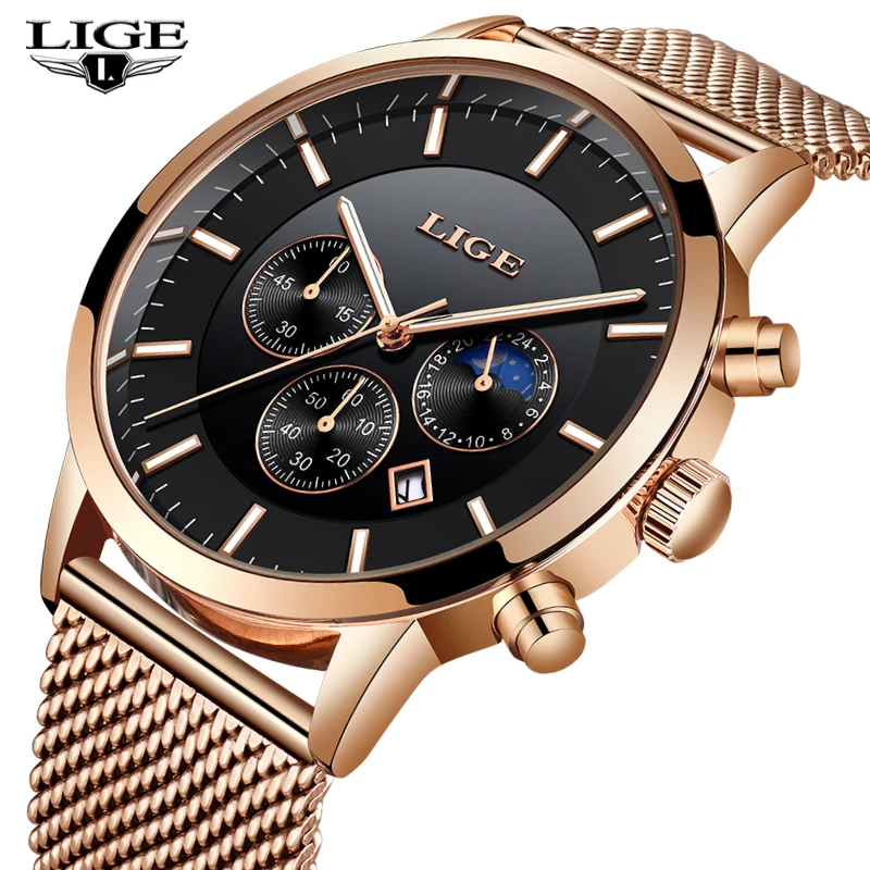 2019 Новый LIGE Для мужчин s часы лучший бренд Роскошные деловые часы спортивные Водонепроницаемый кварцевые часы, модный Moon Phase золотые часы
