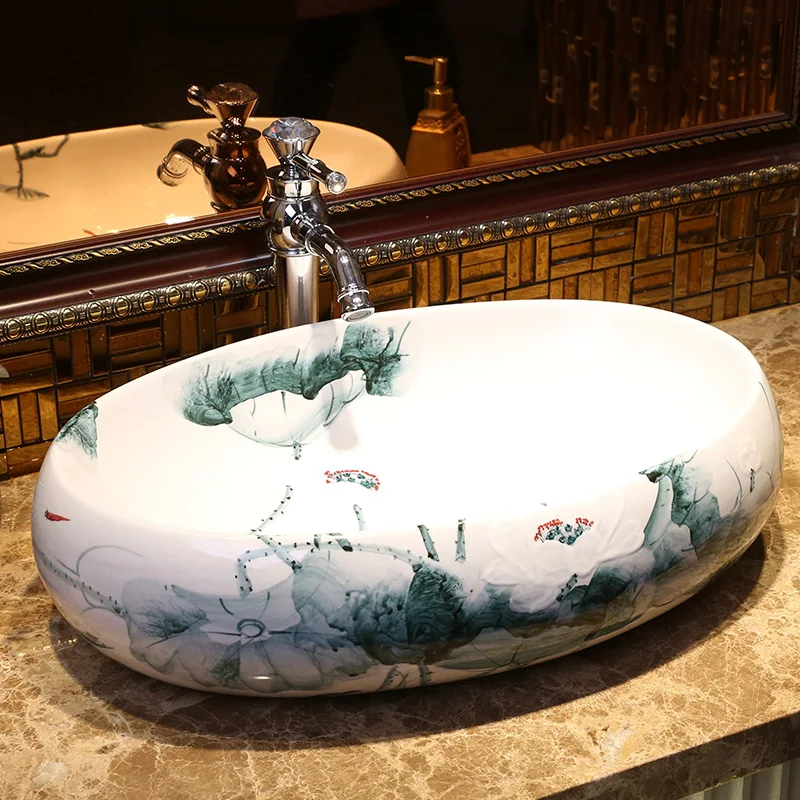 Фарфоровая ванная комната раковина для ванной комнаты столешница Овальный Керамический Умывальник Ванная раковина Овальный фарфор с ручной росписью раковины