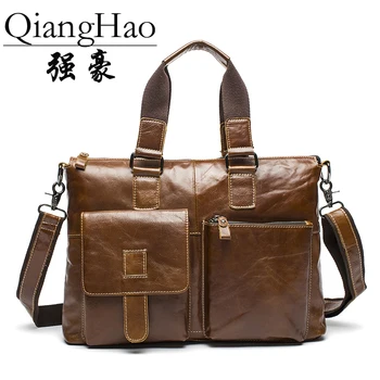 

QiangHao 2017 100% top cow genuine leather versatile casual shoulder men messenger bags for men soild and zipper free shipping