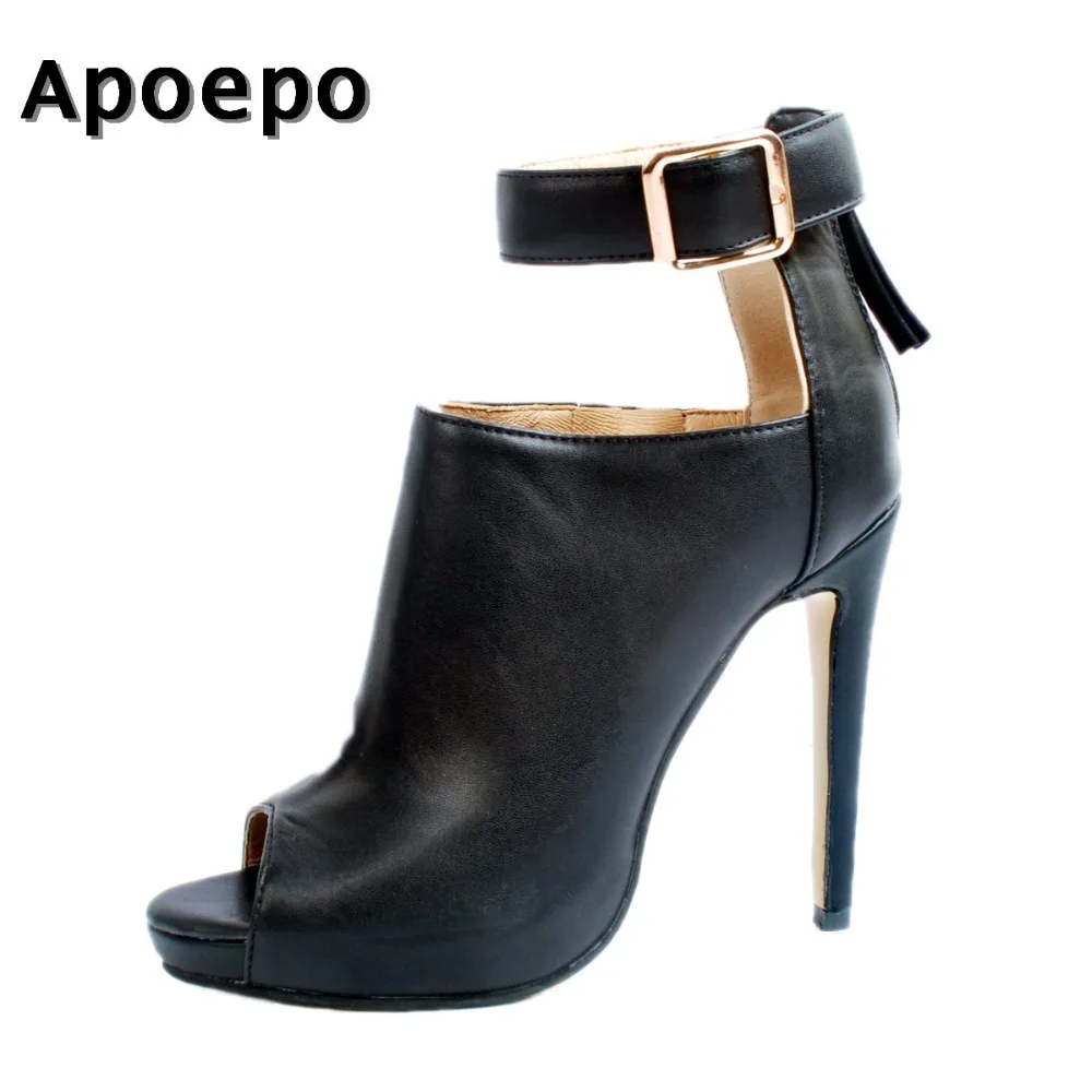 

New Hot Selling Black Leather Ankle Boots Sexy Peep Toe Ankle Strap Woman Boot 2018 Cutouts High Heel Boots Gladiator Boots
