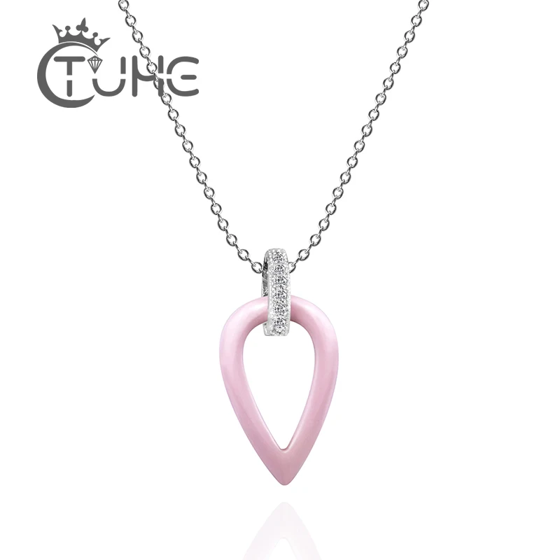 

2017 New Fashion Simple Style Pink Ceramic Necklace Jewelry Silver Hollow Water Drop Pendant Silver Necklace For Lady Free Chain