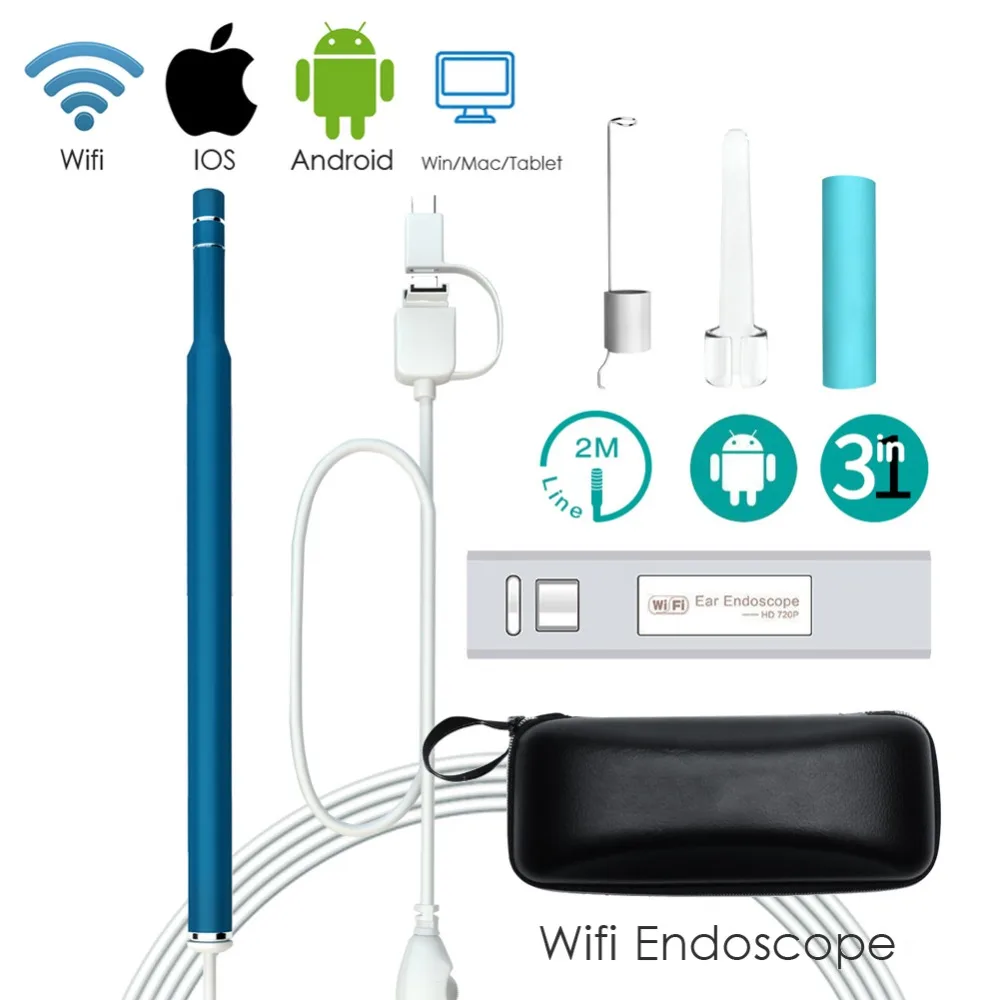 Синий Wi Fi медицинский USB 720P HD визуальный ушной эндоскоп Otoscope камера бороскоп Android