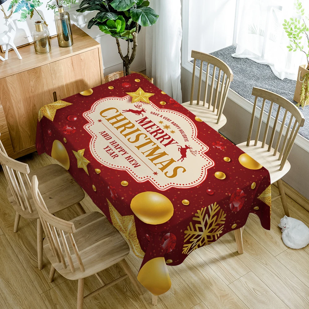  Christmas New Year 3d Tablecloth Golden Snowflake & Elk Pattern Washable Polyester Cotton Rectangul