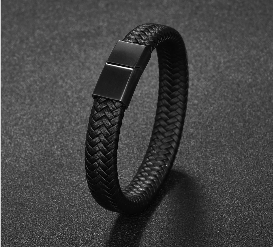 Men Jewelry Black/Brown Braided Leather Bracelet Stainless Steel Magnetic Clasp Sadoun.com