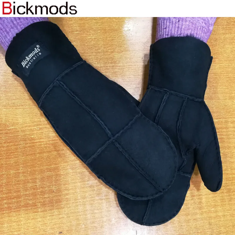 Овчина меховые перчатки женские Зимние холодные теплые мужские кожаные утепленные рукавицы ручной работы Черная овчина шерсть