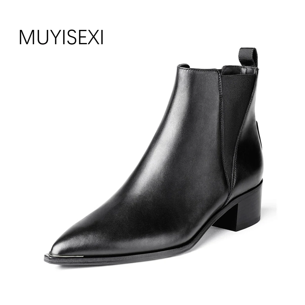Kopen Chelsea Laarzen Puntschoen Slip On Enkellaarsjes Zwart Lederen Herfst Laarzen Voor Vrouwen 5 cm Lage Vierkante hak XL05 MUYISEXI