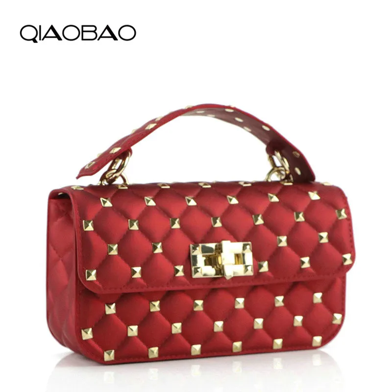 

QIAOBAO Small Transparent Bag Women Handbag Luxury Designer Rivet PVC Jelly Bag Female Shoulder Crossbody Bag
