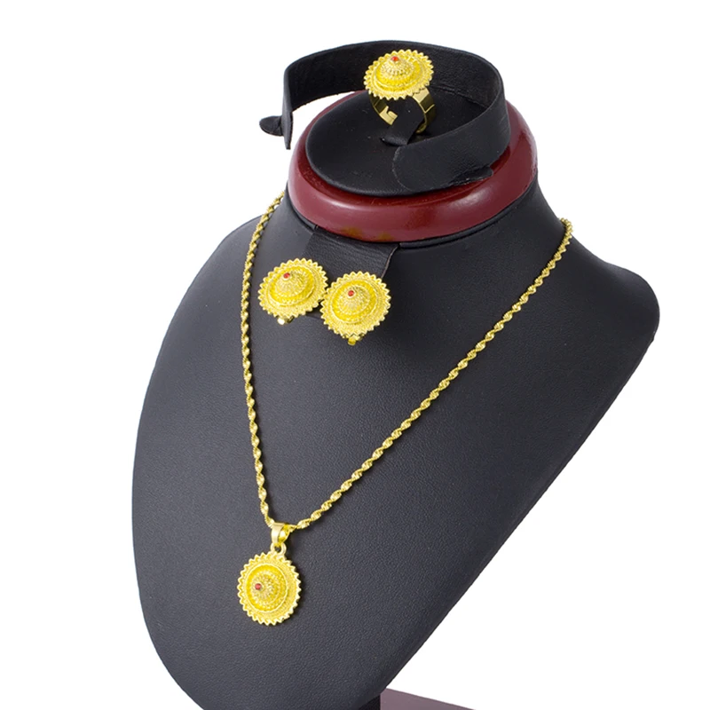 

Ethiopian Bride Jewelry Sets for Women Gold Color Necklace Earrings Ring Sets Red Stone Habesha African Wedding Bride Jewelry
