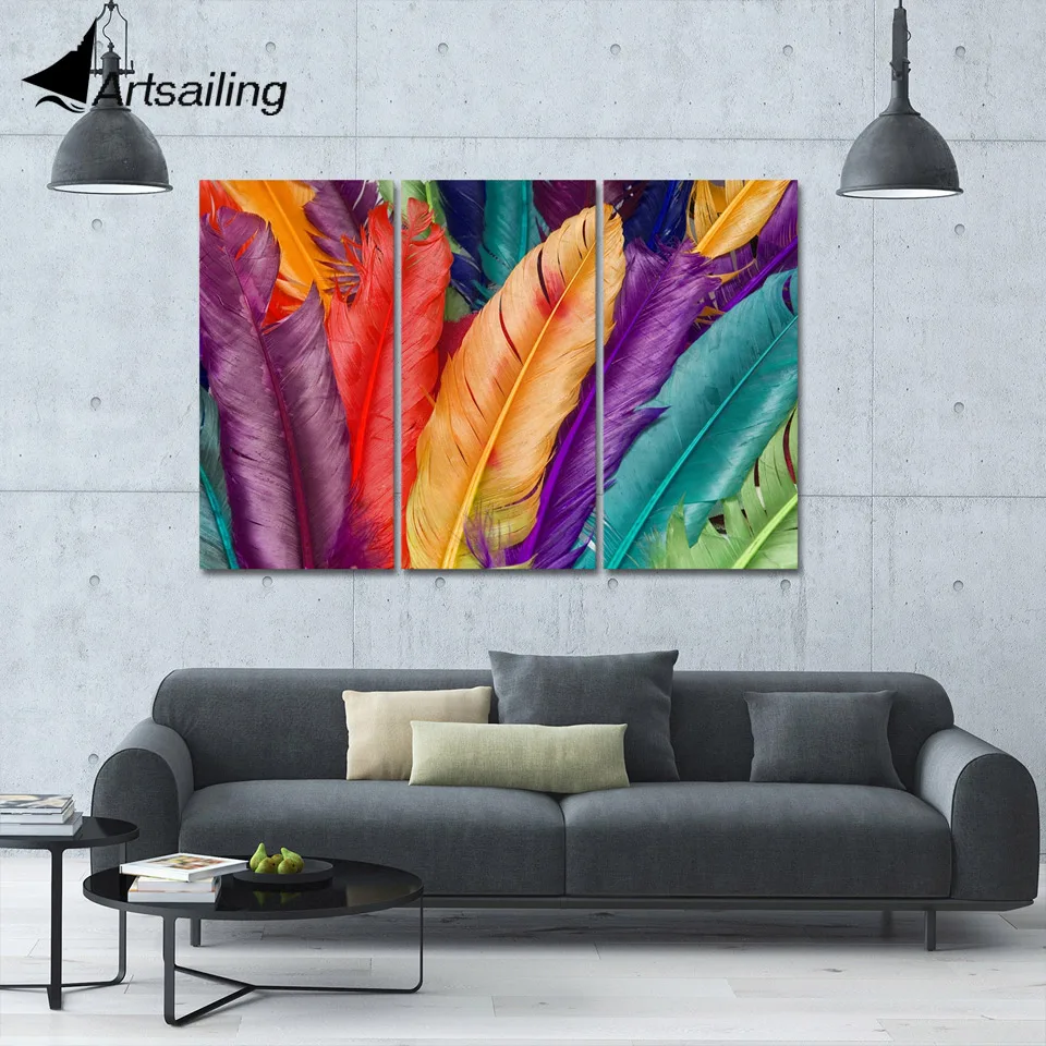 ArtSailing 3 panel Canvas wall art Colorful feather framed Painting