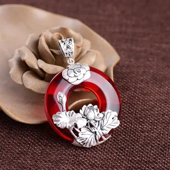 

FNJ 990 Silver Lotus Pendant Fashion Lucky Red Yellow Green Stone Original Pure S990 Silver Pendants for Women Jewelry Making