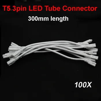 

100pcs/lot 2 Ends 3Pin T5 LED Tube Connector Lamp Wire Cable 30cm Length Extend Cable Extension Cord White Color