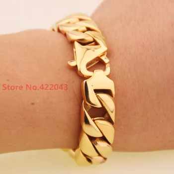 

8.26 Inch Fashion Men's Boy's Heavy Curb Cuban Gold color 316L Stainless Steel Chain Bracelet Wholesale Top Quality