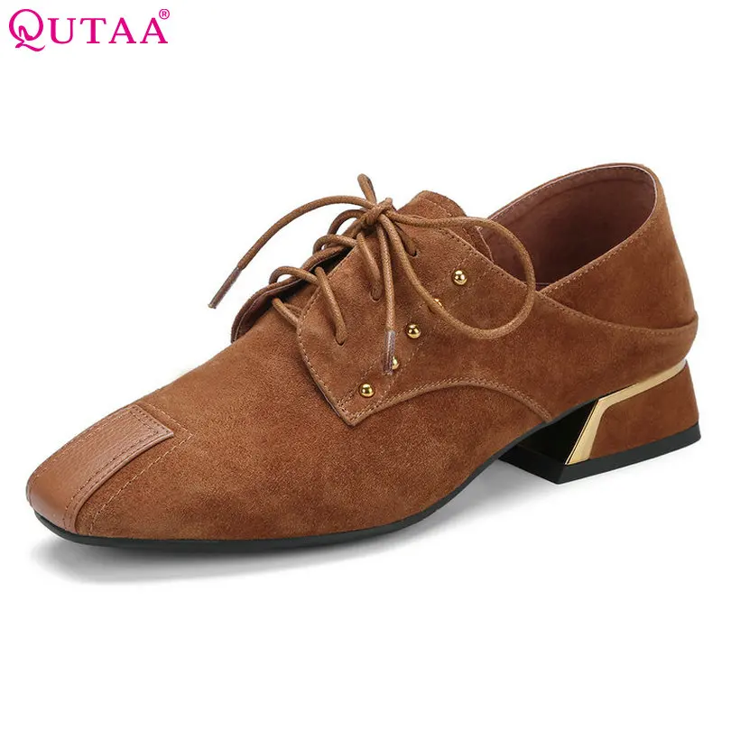 

QUTAA 2018 Women Pumps Women Shoes Genuine Leather Pointed Toe Square Low Heel Lace Up Vintage Style Ladies Pumps Szie 34-42